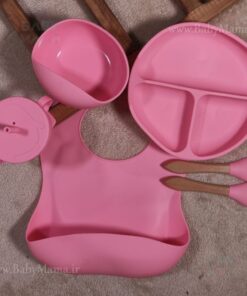 ست غذا خوری 7 تیکه تمام سیلیکونی مدل خرس قاشق چوبی