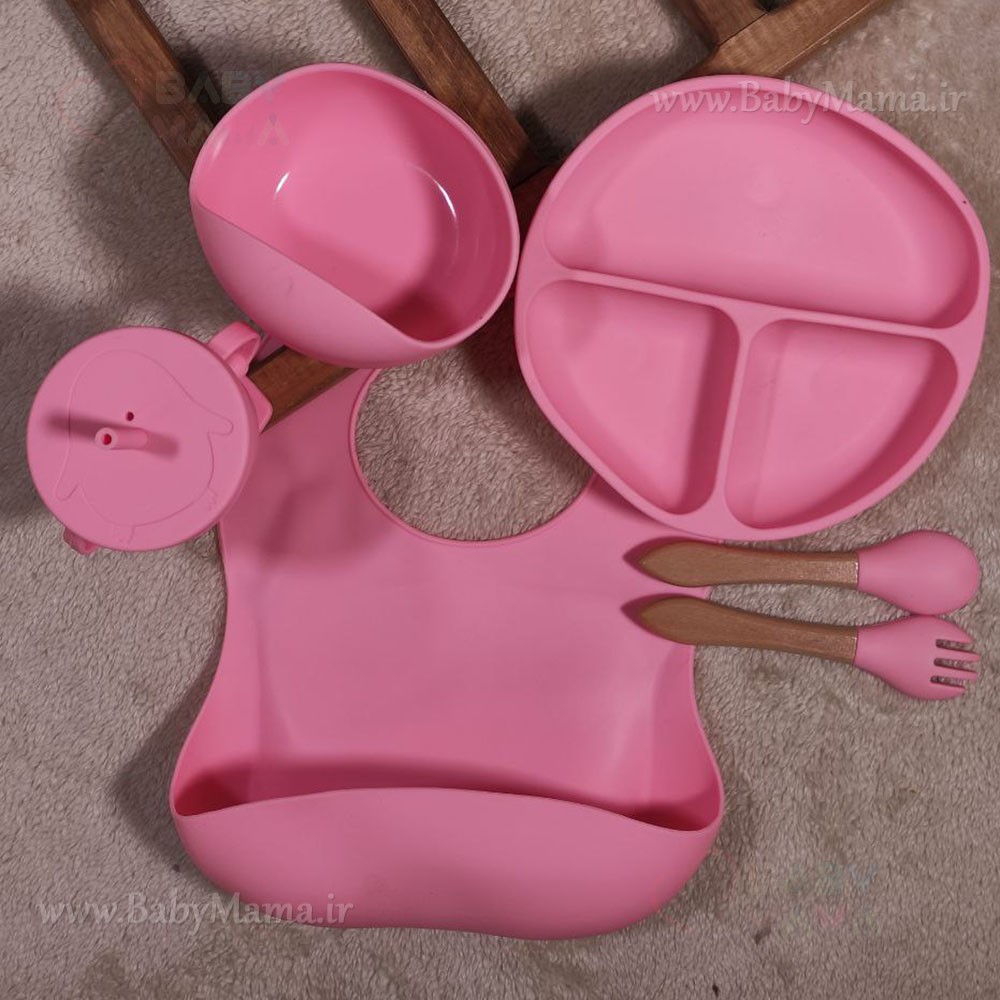 ست غذا خوری 7 تیکه تمام سیلیکونی مدل خرس قاشق چوبی ست غذا خوری 7 تیکه تمام سیلیکونی مدل خرس قاشق چوبی