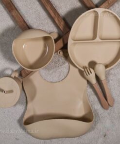 ست غذا خوری 7 تیکه تمام سیلیکونی مدل خرس قاشق چوبی