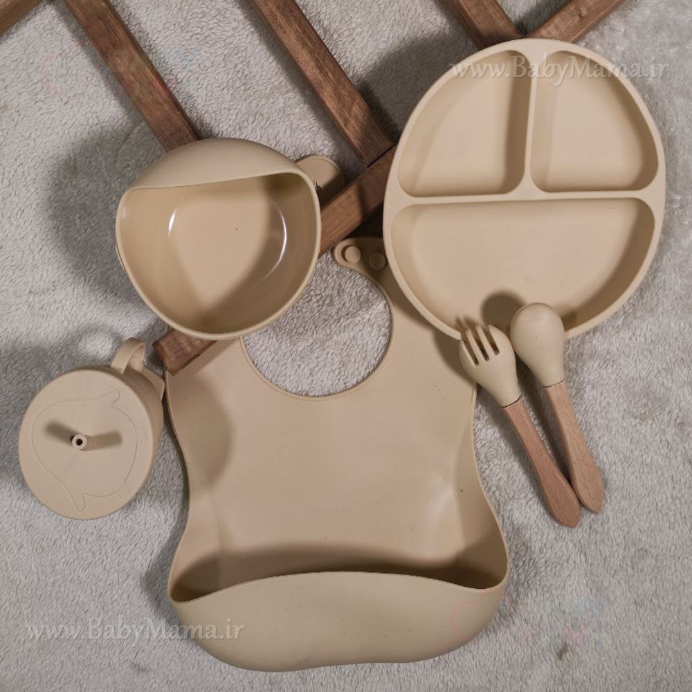 ست غذا خوری 7 تیکه تمام سیلیکونی مدل خرس قاشق چوبی ست غذا خوری 7 تیکه تمام سیلیکونی مدل خرس قاشق چوبی