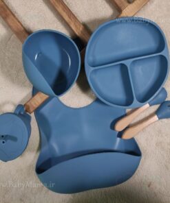 ست غذا خوری 7 تیکه تمام سیلیکونی مدل خرس قاشق چوبی